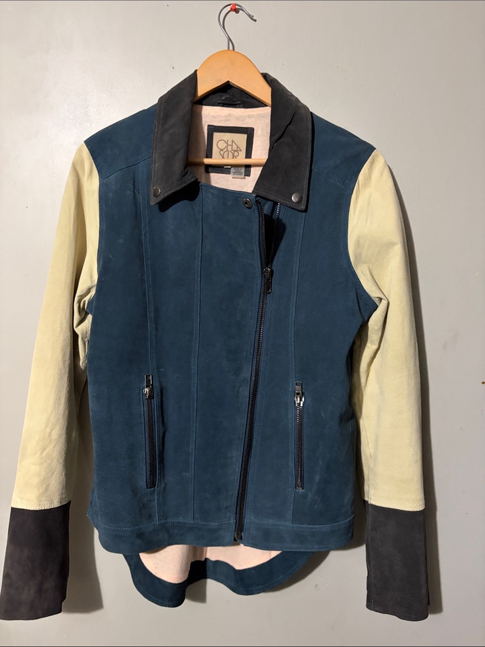 Chaser Teal Suede Colorblock Bomber Jacket with Cream Sleeves